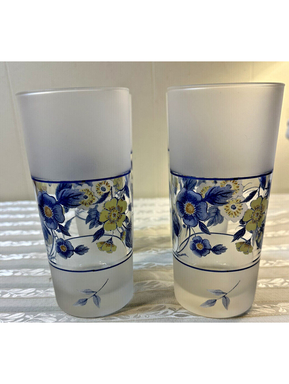 Vintage Spode Imperial Glass Set Of 4 Frosted Blue & Yellow Tumblers 6” Glasses